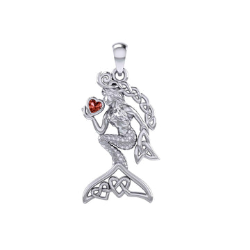Celtic Mermaid with Heart Gemstone Silver Pendant TPD7006 - Jewelry